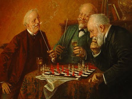 Tres caballeros jugando al ajedrez (y fumando), óleo de Hans Lassen